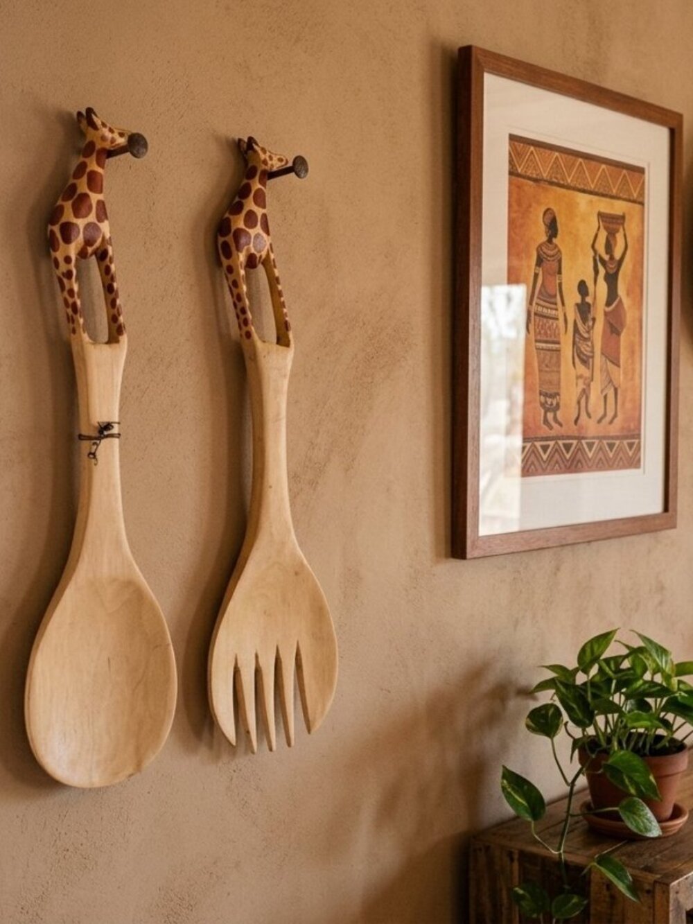 Vintage Wooden Hand-Carved Giraffe Spoon and Fork Salad Set